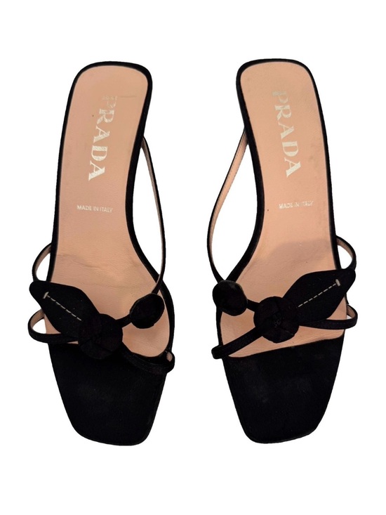 Prada Shoes - PRADA Vintage Black Silk Rosebud Flower Square Toe Sandal Kitten Heels EU 37